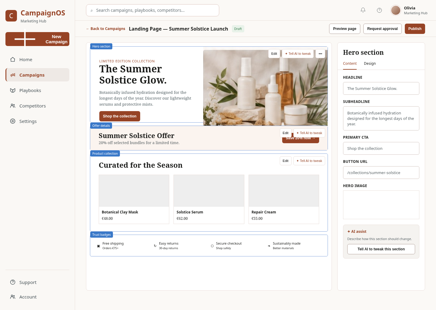 Syn2C beta campaign landing page editor generated from the approved campaign
