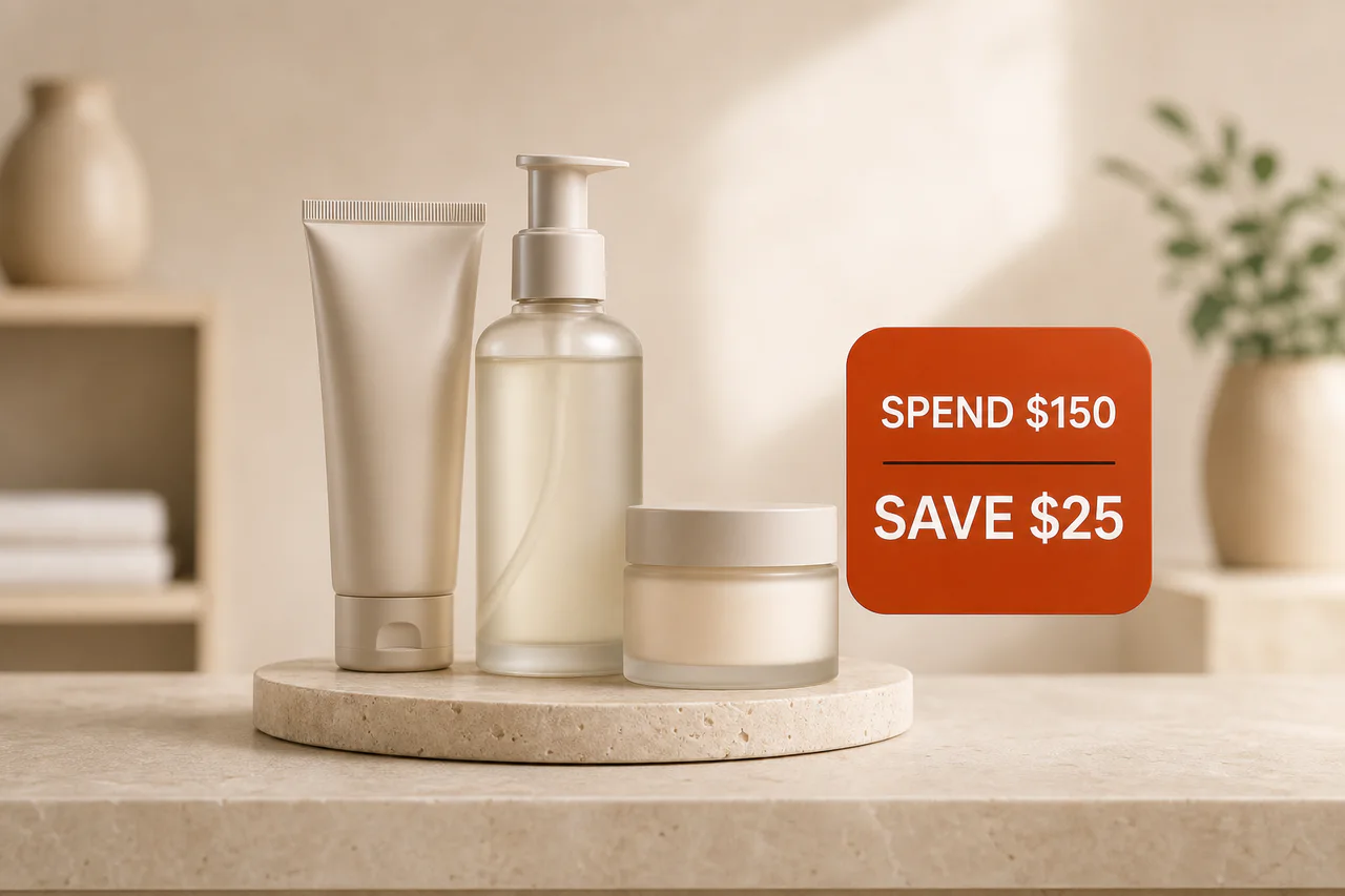 A premium skincare campaign offering twenty-five dollars off a one-hundred-and-fifty-dollar spend