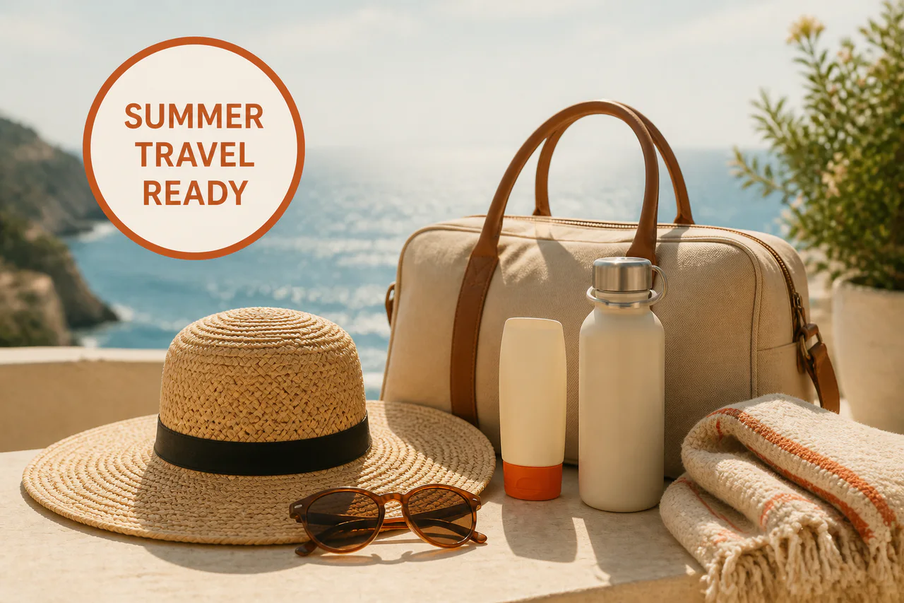 A summer travel campaign featuring a weekender bag, hat, sunglasses and travel accessories